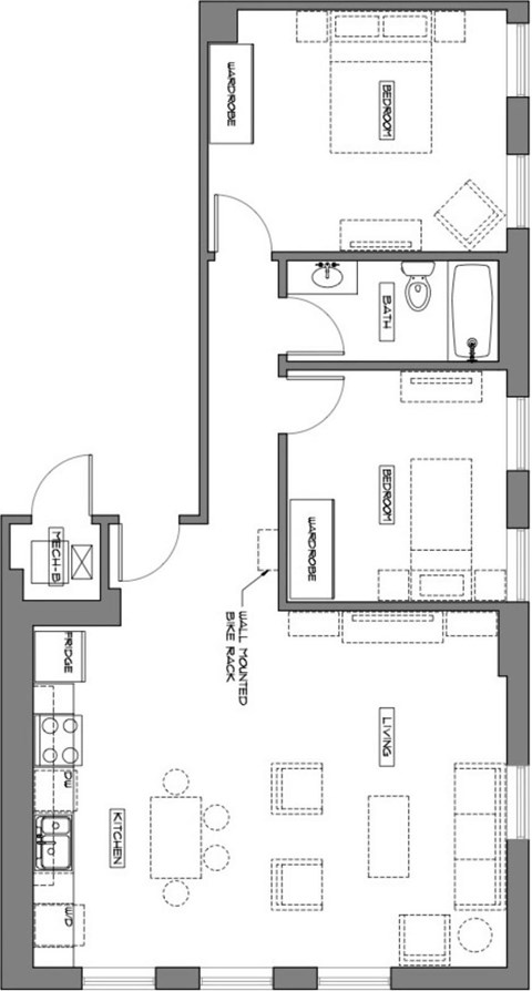 Floor plan for 2 beds, 1 bath, 879 sqft